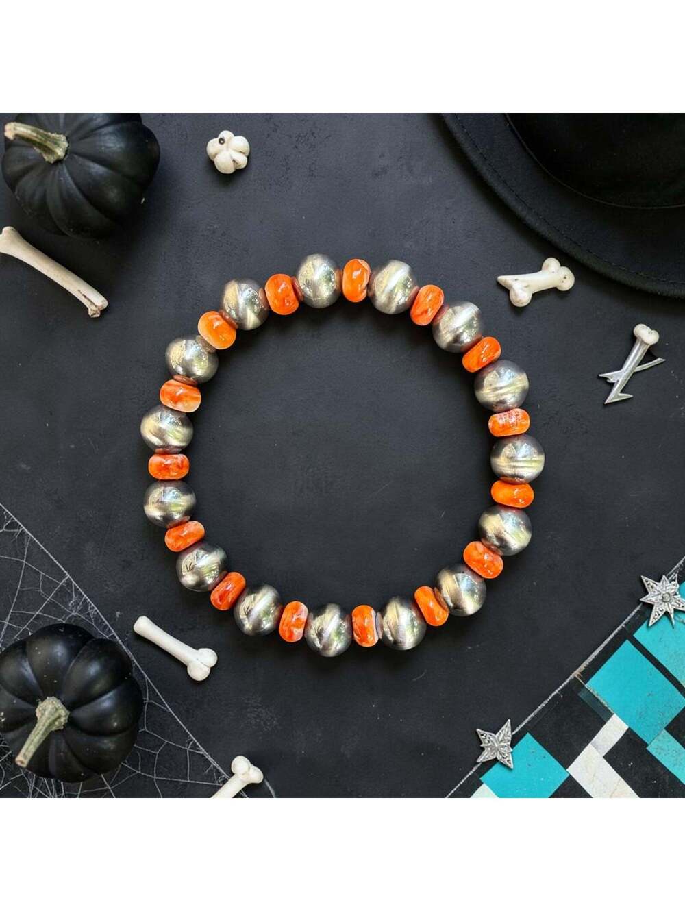 6" Orange Spiny Navajo Pearl Style Stretch Bracelet